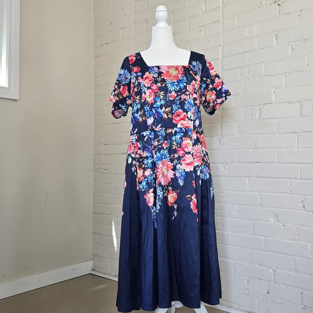 eShakti Wayward Fancies Custom Floral Fit Flare Midi Dress Pockets Square Neck